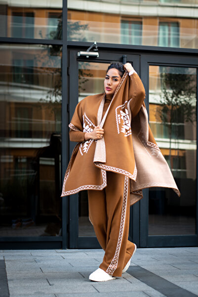 MAY MARA بدلة جاكار محبوكة من الفولاذ للنساء مكونة من 3 قطع مع بونشو