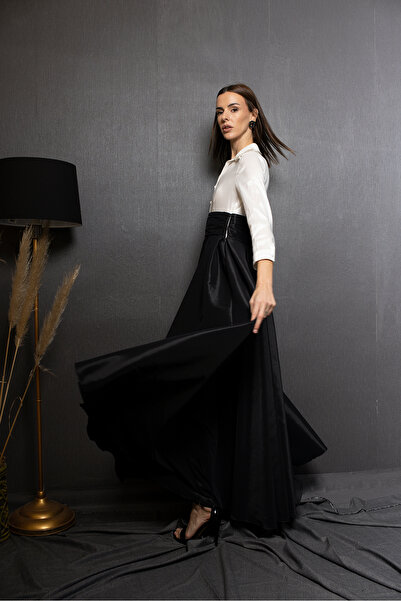 aylin yılmaz Casandra Siyah-Beyaz Yakası Taş İşlemeli Bel Kemeri Drapeli Uzun Zarif Zamansız Davet Elbisesi