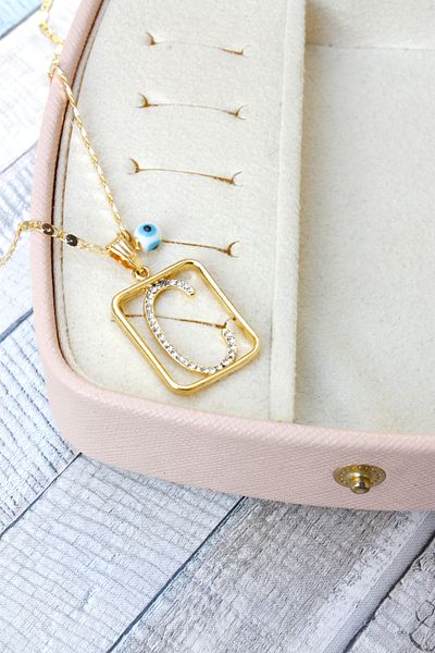 Neva GOLD PLATED ARPA CHAIN WHITE MURANO EVIL EYE STONE LETTER BIGUTER NECKLACE
