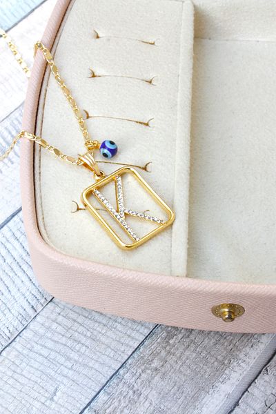 Neva GOLD PLATED ARPA CHAIN NAVY BLUE MURANO EVIL EYE STONE LETTER BIGUTER NECKLACE