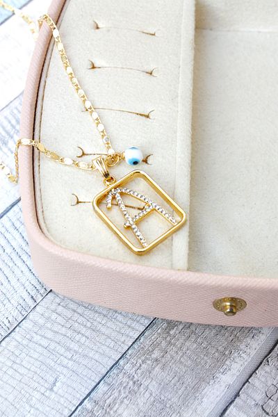 Neva GOLD PLATED ARPA CHAIN WHITE MURANO EVIL EYE STONE LETTER BIGUTER NECKLACE