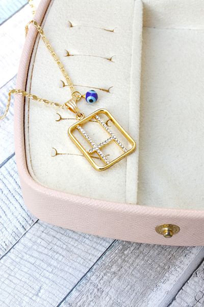 Neva GOLD PLATED ARPA CHAIN NAVY BLUE MURANO EVIL EYE STONE LETTER BIGUTER NECKLACE