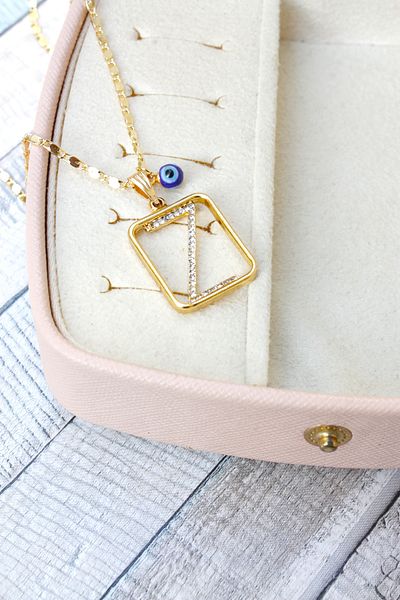 Neva GOLD PLATED ARPA CHAIN NAVY BLUE MURANO EVIL EYE STONE LETTER BIGUTER NECKLACE