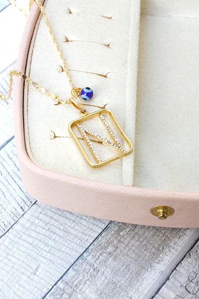 Neva GOLD PLATED ARPA CHAIN NAVY BLUE MURANO EVIL EYE STONE LETTER BIGUTER NECKLACE