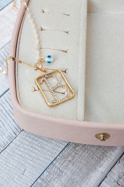 Neva GOLD PLATED ARPA CHAIN WHITE MURANO EVIL EYE STONE LETTER BIGUTER NECKLACE
