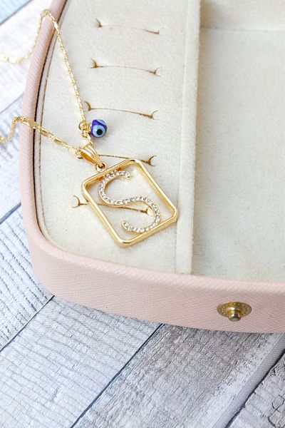 Neva GOLD PLATED ARPA CHAIN NAVY BLUE MURANO EVIL EYE STONE LETTER BIGUTER NECKLACE