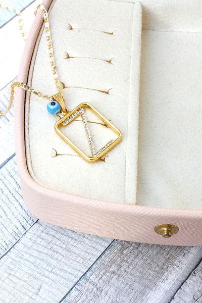 Neva GOLD PLATED ARPA CHAIN TURQUOISE MURANO EVIL EYE STONE LETTER BIGUTER NECKLACE
