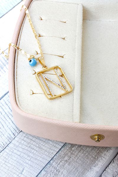 Neva GOLD PLATED ARPA CHAIN TURQUOISE MURANO EVIL EYE STONE LETTER BIGUTER NECKLACE