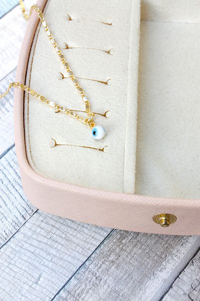 Neva GOLD PLATED ARPA CHAIN WHITE MURANO STONE EVIL EYE BIGUTER NECKLACE