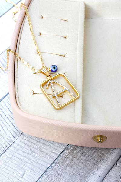 Neva GOLD PLATED ARPA CHAIN NAVY BLUE MURANO EVIL EYE STONE LETTER BIGUTER NECKLACE