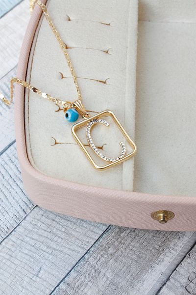 Neva GOLD PLATED ARPA CHAIN TURQUOISE MURANO EVIL EYE STONE LETTER BIGUTER NECKLACE