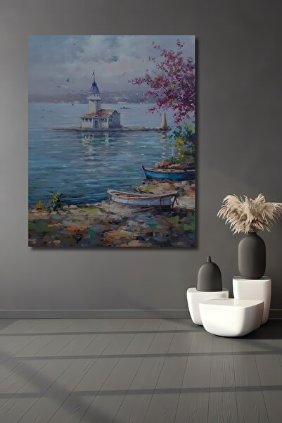 Teona Ahşap Dekoratif Dikey Yağlı Boya Görünümlü Kız Kulesi Duvar Tablo Ahşap...