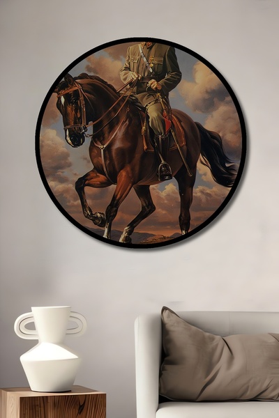 Teona Ahşap Dekoratif Atatürk At Biniyor Duvar Tablo Ahşap Yuvarlak Tablo