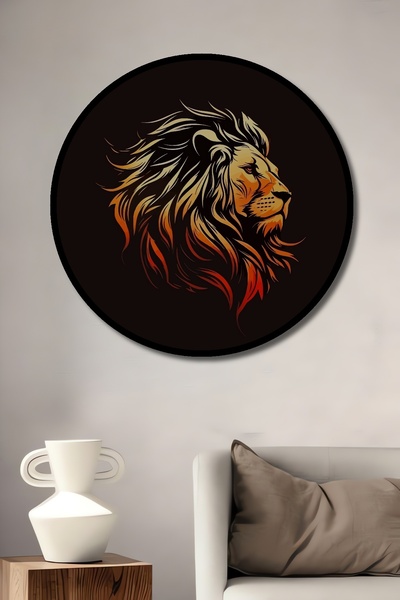 Teona Ahşap Dekoratif Sarı Kırmızı Aslan Çizim Duvar Tablo Ahşap Yuvarlak Tablo