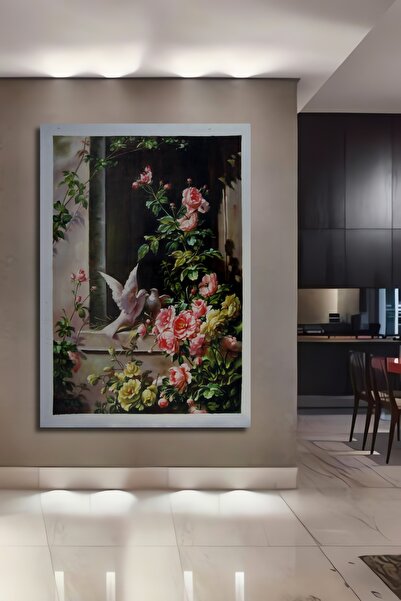 Teona Ahşap Dekoratif Dikey Yağlı Boya Görünümlü Kuş Ve Çiçekler Duvar Tablo ...