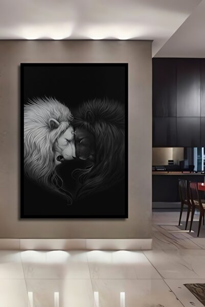 Teona Ahşap Dekoratif Beyaz Ve Siyah Aslan Ahşap Tablo Çerçeve Görünümlü Dike...