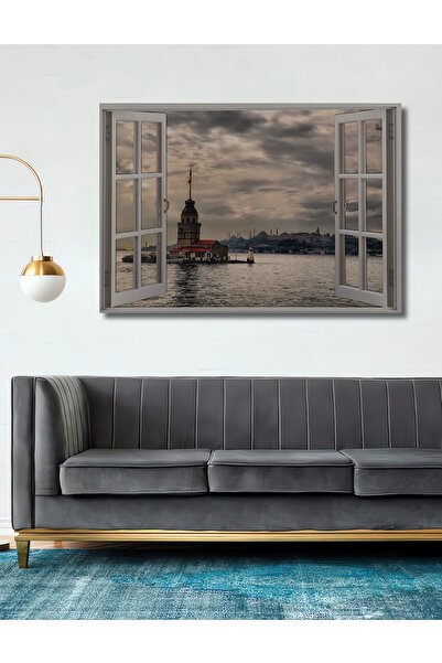 Teona Ahşap Dekoratif Kız Kulesine Açılan Pencere -Ahşap Tablo Şık Yatay Duva...