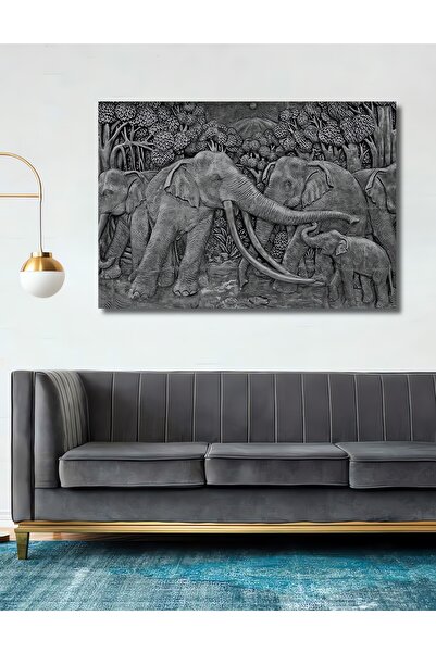 Teona Ahşap Gümüş Filler Dekoratif Ahşap Tablo Şık Yatay Duvar Dekorasyon Tab...