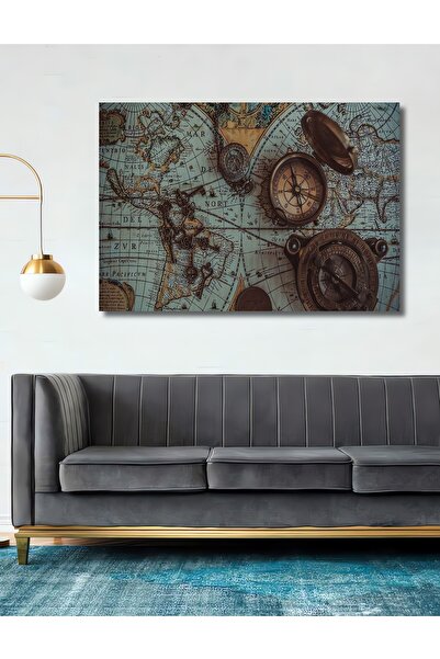 Teona Ahşap Dekoratif Ahşap Tablo Vintage Dünya Haritası Pusula 3 Boyutlu Şık...