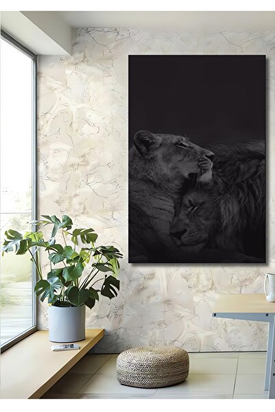 Teona Ahşap Dekoratif Dikey Dişi Aslan Erkek Aslan Duvar Tablo Ahşap Dikdörtg...