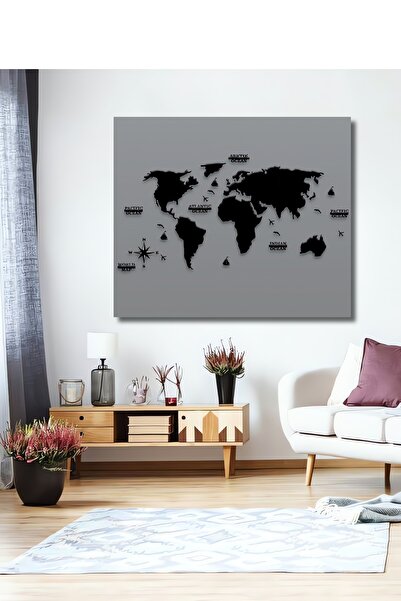 Teona Ahşap Dekoratif Siyah Dünya Haritası Duvar Dekorasyonu Ahşap Tablo Şık ...