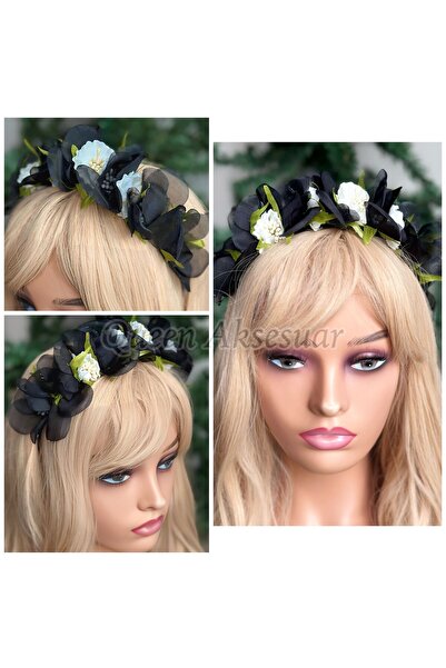 QUEEN AKSESUAR Design special, lux, flori artificiale, coroană de logodnă, henna, mireasă, zi specială, femei, copii, coroană, coroană neagră