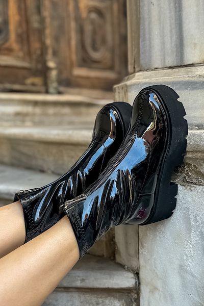 SHOEBELLAS Γυναικείες μπότες Tuffy Μαύρες λουστρίνι με φερμουάρ