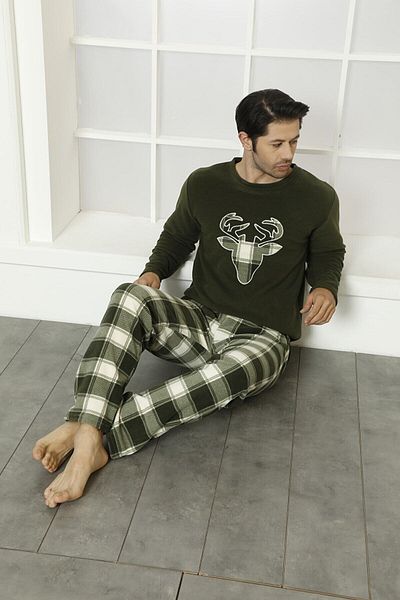 shopshop Ανδρικό Σετ Πιτζάμες Χειμερινού Ελαφιού Λεπτομερές καρό Wellsoft Fleece