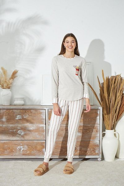 Sevim Set de pijamale cu mânecă lungă, bej, melange C1T5N4O14