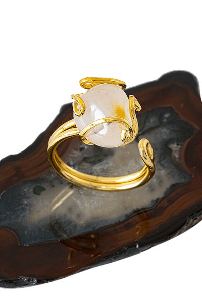 Tesbih Atölyesi Certified Rococo Model Transparent White Agate Stone Ring - Adjustable