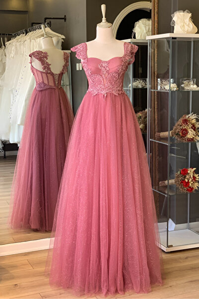 Lenta Moda Gül Kurusu İşlemeli Dantel Kaplamalı Simli Maxi Boy Abiye ve Gece ...