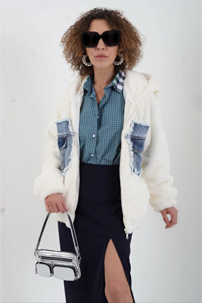 Zelish My Sister Palton din blană artificială cu buzunar din denim ecru