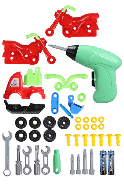 Toyaş Eğitici Sök Tak Oyuncak Pilli Matkaplı 47 Parça Araç Tamir Seti Kepçe Ve Kırmızı Motor