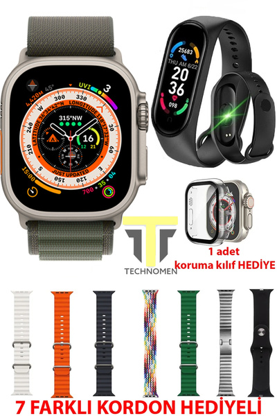 TECHNOMEN Akıllı Saat Y60 Ultra Plus 7 Kordon ve M4 Akıllı Bileklik Kasa Koruma Hediyeli Smart Watch