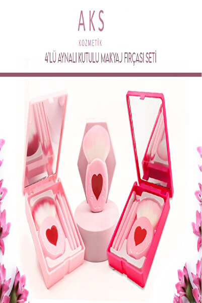 aks kozmetik 2'Lİ SET AYNALI KUTULU KALP'Lİ 4'lü Makyaj Fırça Seti :ALLIK,RUJ...