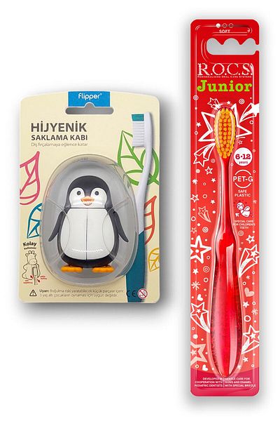 R.O.C.S. Junior 6-12 Toothbrush Red and Flipper Hygienic Storage Container Set - Penguin