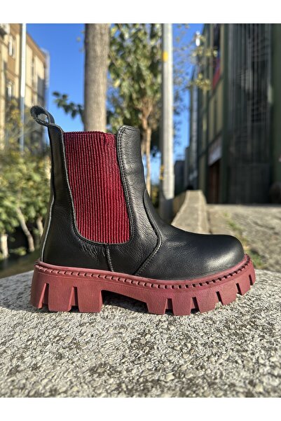 Hakiki Deri Kız Çocuk Siyah Bordo Bot