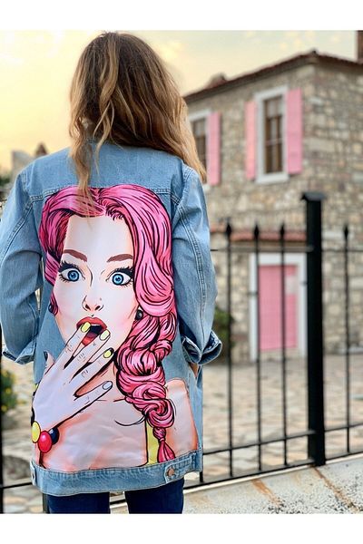 poupee Γυναικείο τζιν μπουφάν Plus Size, Τζιν μπουφάν Plus Size, Μακρύ γυναικείο τζιν μπουφάν, ροζ μαλλιά XXL παλτό