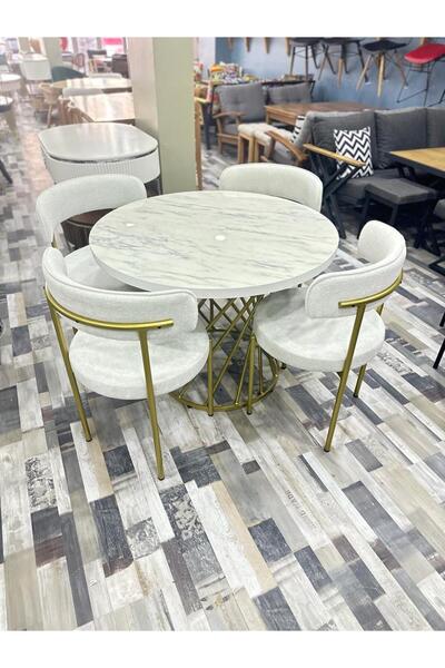 Ankara Dinç Metal Sehpa Yuvarlak Masa Sandalye Takımı Sarı Ayak Beyazmermer G...