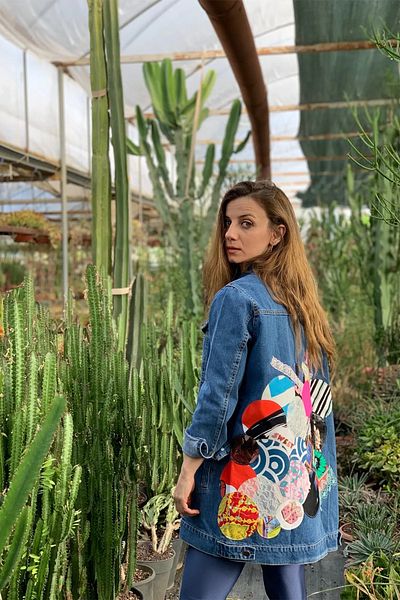 poupee Jachetă de blugi de mărime mare pentru femei, jachetă de blugi cu design detaliat în mozaic, albastră, de mărime mare