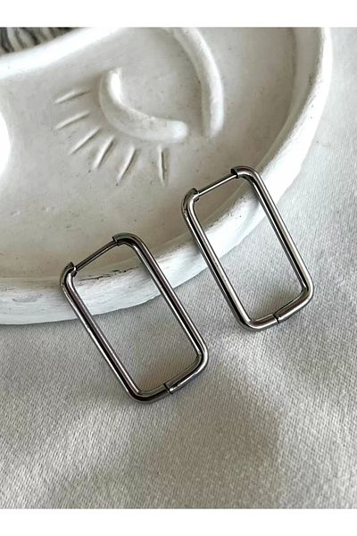 NİLZ Silver Color Unisex Rectangular Figured Steel Earrings (Pair)