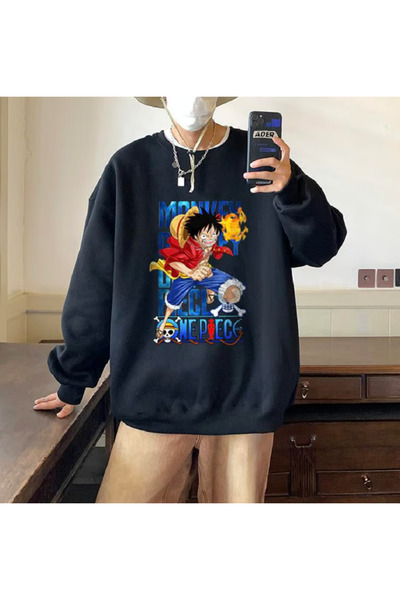 Toum Hanorac oversize unisex negru cu imprimeu One Piece Running