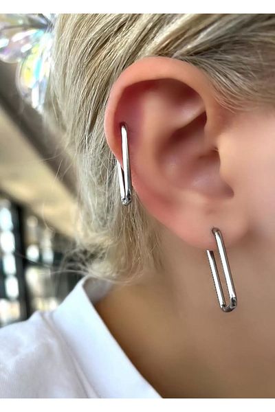 NİLZ Silver Color Unisex Rectangular Figured Steel Earrings (Pair)