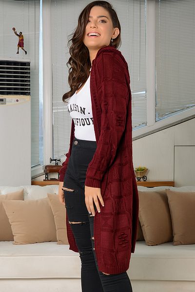 AVORWE Hooded Jacquard Embossed Knitted Midi Knitwear Cardigan