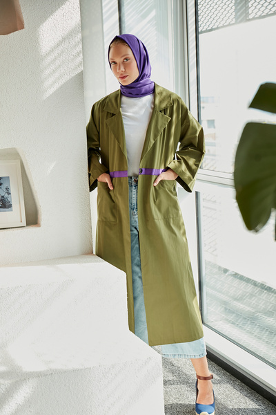 R4 Haki Geniş Cepli Özel Tasarım Kurdeleli Yeşil Kap