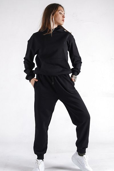NAKRUF Unisex Black Hooded Tracksuit Set with Cotton Kangaroo Pocket
