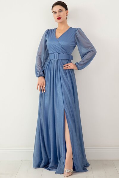 PULLIMM Kruvaze Yaka Uzun Kol Kemerli Simli Elbise 13369