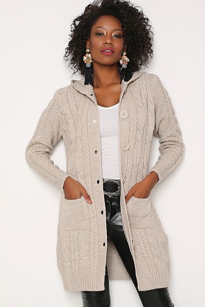 AVORWE Hooded Hair Braided Buttoned Front Pocket Detailed Knitwear Cardigan