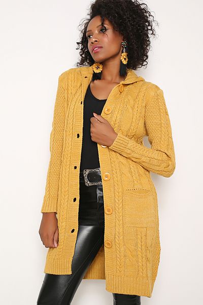 AVORWE Hooded Hair Braided Buttoned Front Pocket Detailed Knitwear Cardigan