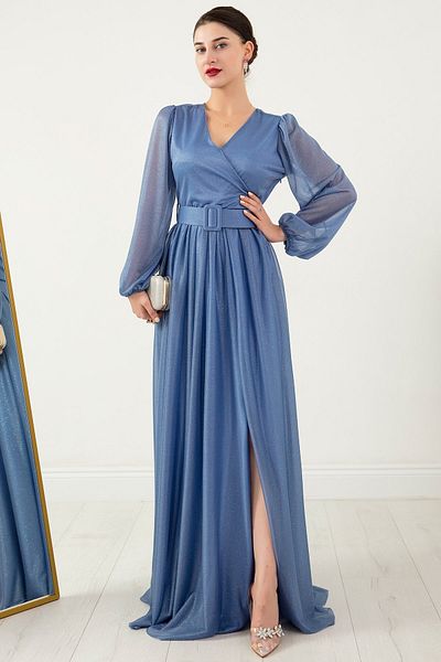 PULLIMM Rochie cu sclipici cu mânecă lungă cu guler dublu 13369